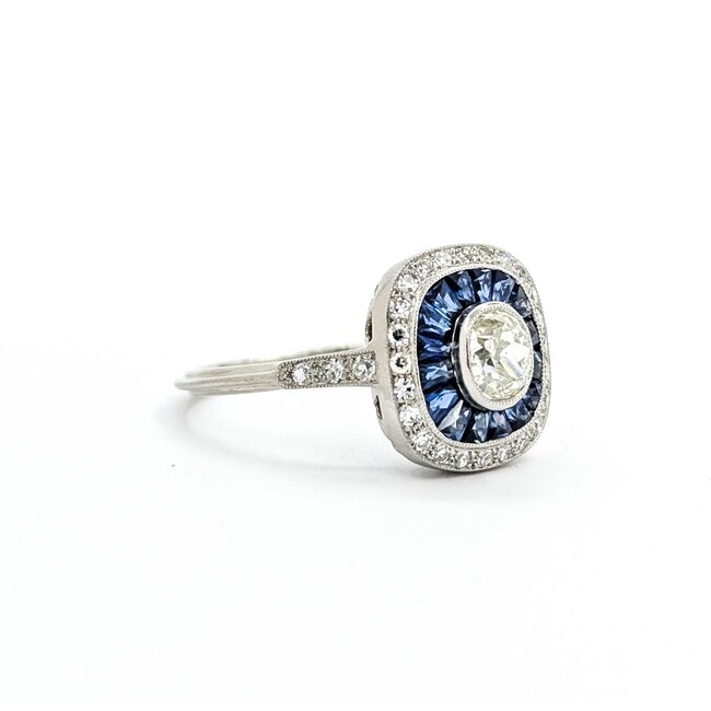 Ring Art Deco Revival .85ct Old MIne Diamonds .15ctw Diamonds .80ctw Blue Sapphire Platinum Sz6.5 4.3g 225070046