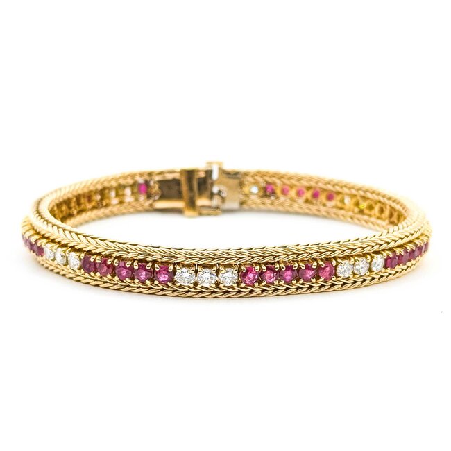 Bracelet Wheat Braiding 1.44ctw Round Diamonds 3.60ctw Ruby 14ky 6.5" 23.0g 225070007