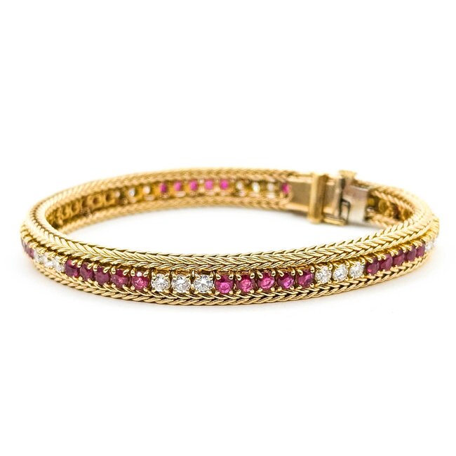 Bracelet Wheat Braiding 1.44ctw Round Diamonds 3.60ctw Ruby 14ky 6.5" 23.0g 225070007