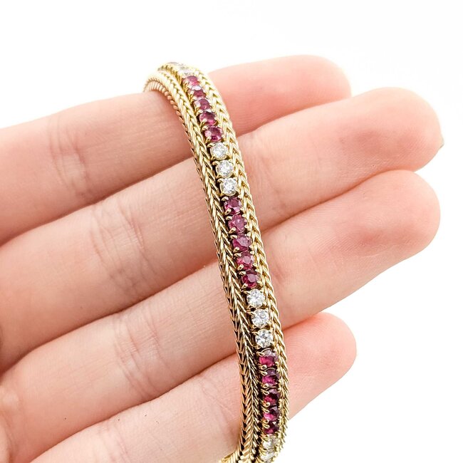 Bracelet Wheat Braiding 1.44ctw Round Diamonds 3.60ctw Ruby 14ky 6.5" 23.0g 225070007