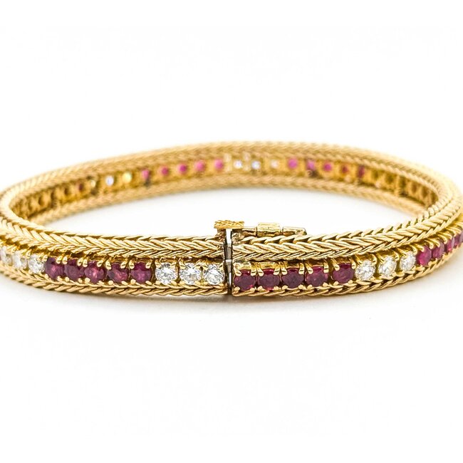 Bracelet Wheat Braiding 1.44ctw Round Diamonds 3.60ctw Ruby 14ky 6.5" 23.0g 225070007