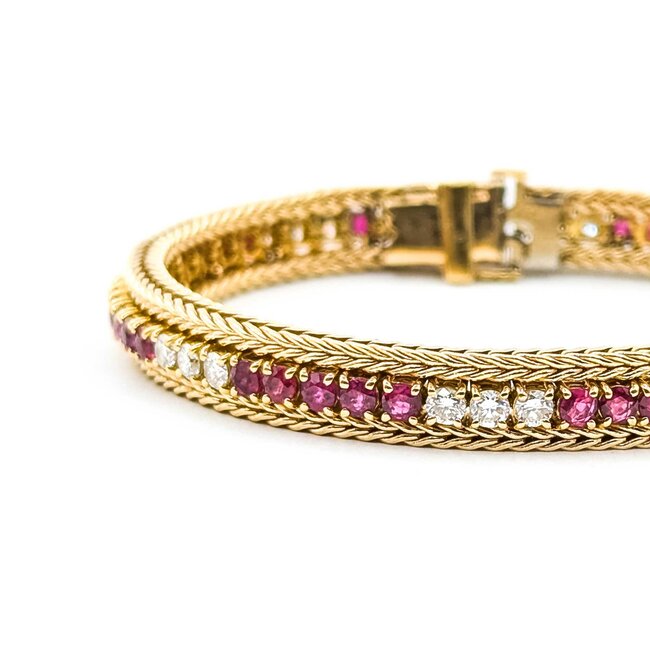 Bracelet Wheat Braiding 1.44ctw Round Diamonds 3.60ctw Ruby 14ky 6.5" 23.0g 225070007