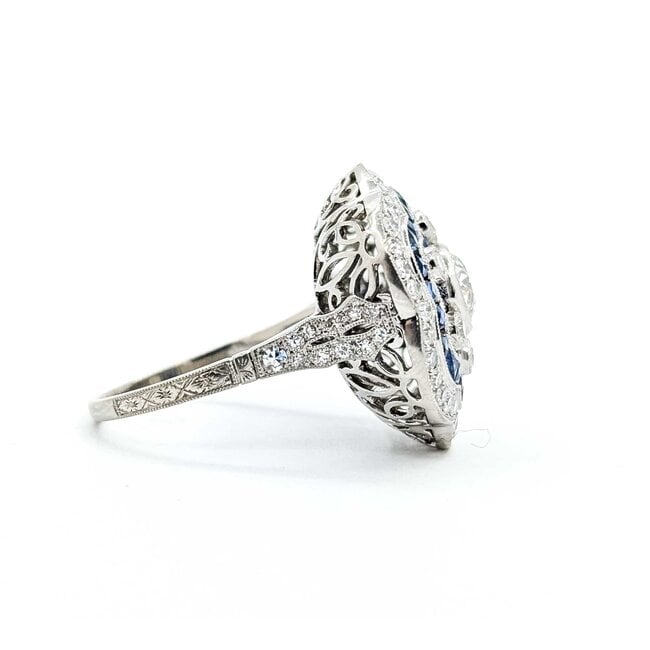 Ring Art Deco Revival 1.45ctw Old European/Single Cut Diamonds 1.10ctw Sapphire Platinum Sz7 8.5g 225070047