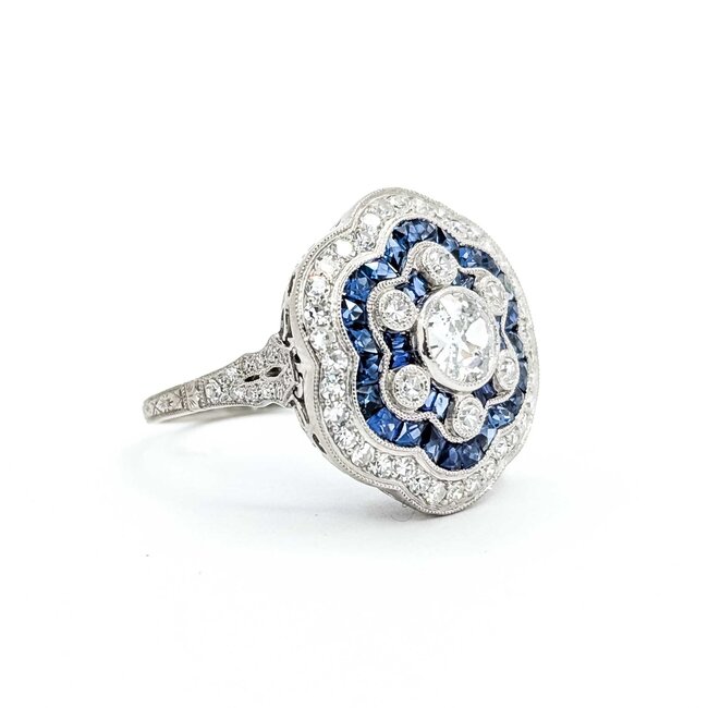 Ring Art Deco Revival 1.45ctw Old European/Single Cut Diamonds 1.10ctw Sapphire Platinum Sz7 8.5g 225070047