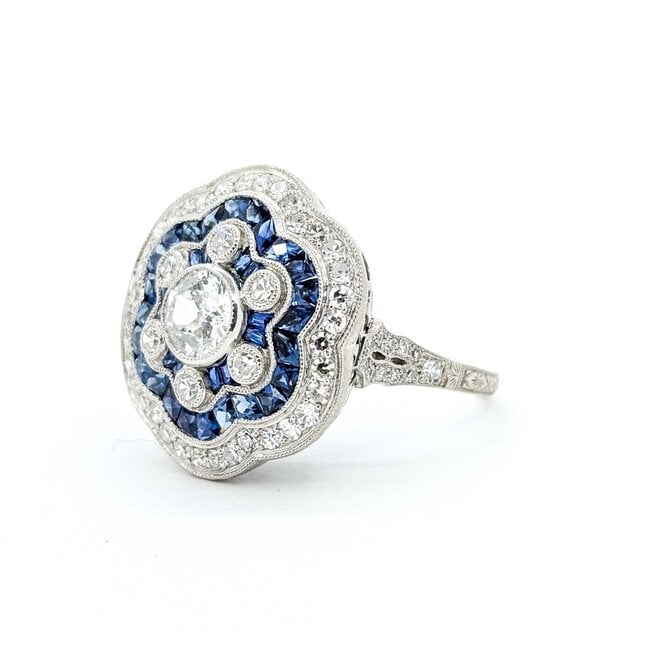 Ring Art Deco Revival 1.45ctw Old European/Single Cut Diamonds 1.10ctw Sapphire Platinum Sz7 8.5g 225070047