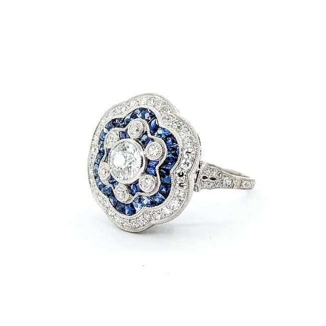 Ring Art Deco Revival 1.45ctw Old European/Single Cut Diamonds 1.10ctw Sapphire Platinum Sz7 8.5g 225070047