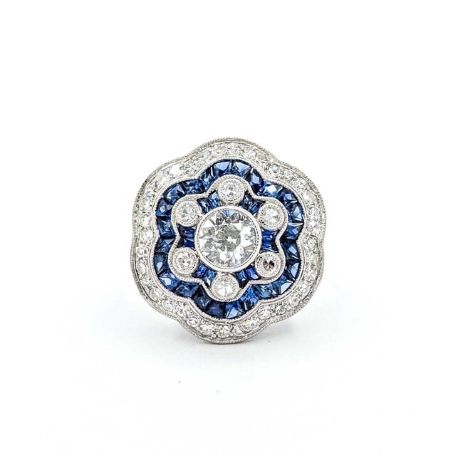 Ring Art Deco Revival 1.45ctw Old European/Single Cut Diamonds 1.10ctw Sapphire Platinum Sz7 8.5g 225070047