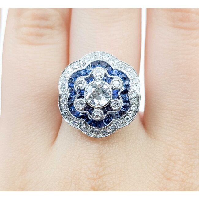 Ring Art Deco Revival 1.45ctw Old European/Single Cut Diamonds 1.10ctw Sapphire Platinum Sz7 8.5g 225070047