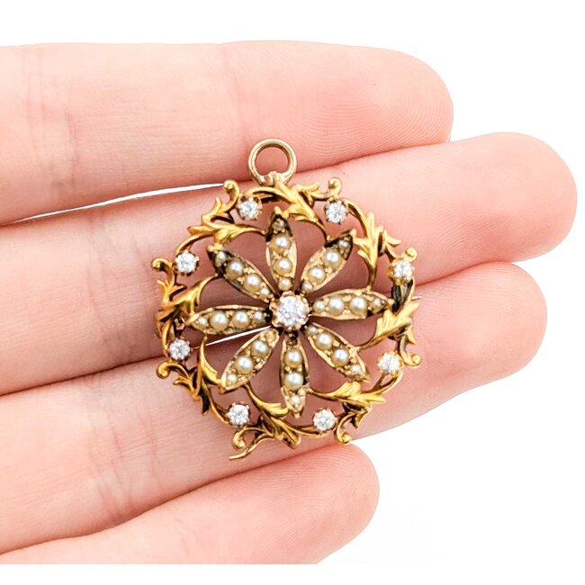 Brooch Victorian .21ctw Old Mine Cut Diamonds Seed Pearls 14ky 28mm 6.30g 225070068