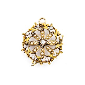 Brooch Victorian .21ctw Old Mine Cut Diamonds Seed Pearls 14ky 28mm 6.30g 225070068