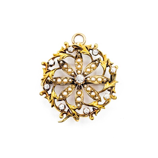 Brooch Victorian .21ctw Old Mine Cut Diamonds Seed Pearls 14ky 28mm 6.30g 225070068