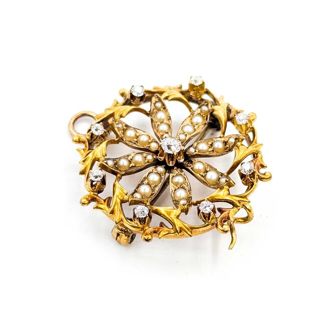 Brooch Victorian .21ctw Old Mine Cut Diamonds Seed Pearls 14ky 28mm 6.30g 225070068