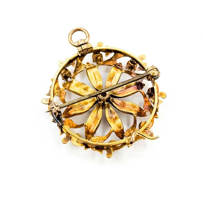 Brooch Victorian .21ctw Old Mine Cut Diamonds Seed Pearls 14ky 28mm 6.30g 225070068