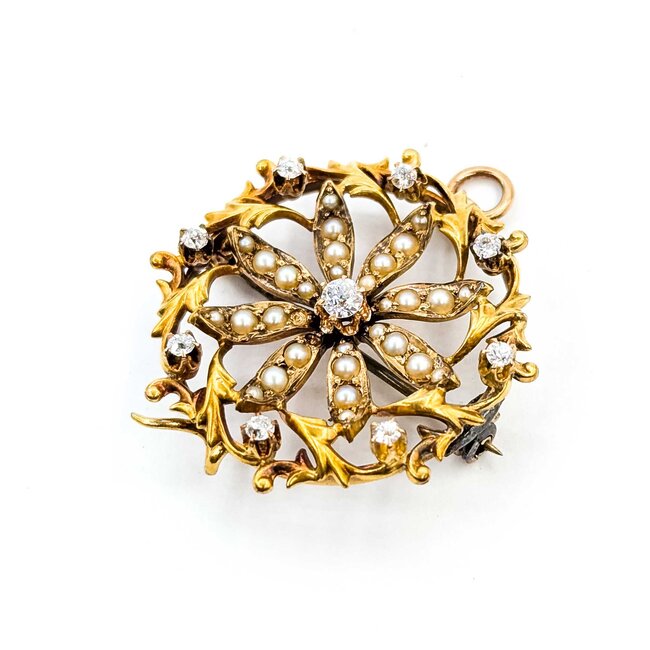 Brooch Victorian .21ctw Old Mine Cut Diamonds Seed Pearls 14ky 28mm 6.30g 225070068