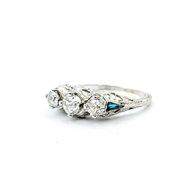 Ring Filigree Milgrain .75ctw Old European Diamonds .08ctw Triangular Emerald Accents 18kw 6.75mm Sz6.5 3.2g 125060087