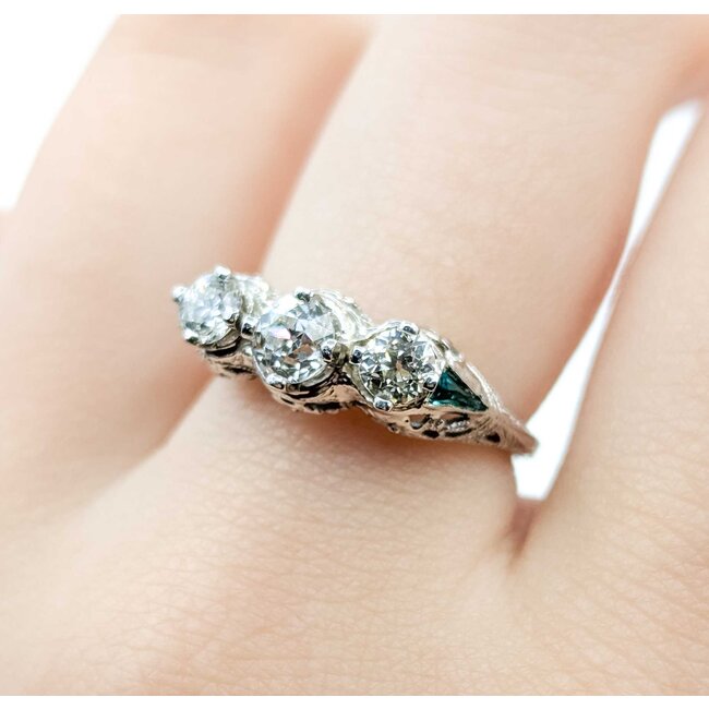 Ring Filigree Milgrain .75ctw Old European Diamonds .08ctw Triangular Emerald Accents 18kw 6.75mm Sz6.5 3.2g 125060087