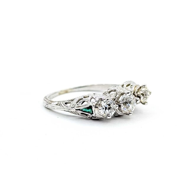 Ring Filigree Milgrain .75ctw Old European Diamonds .08ctw Triangular Emerald Accents 18kw 6.75mm Sz6.5 3.2g 125060087