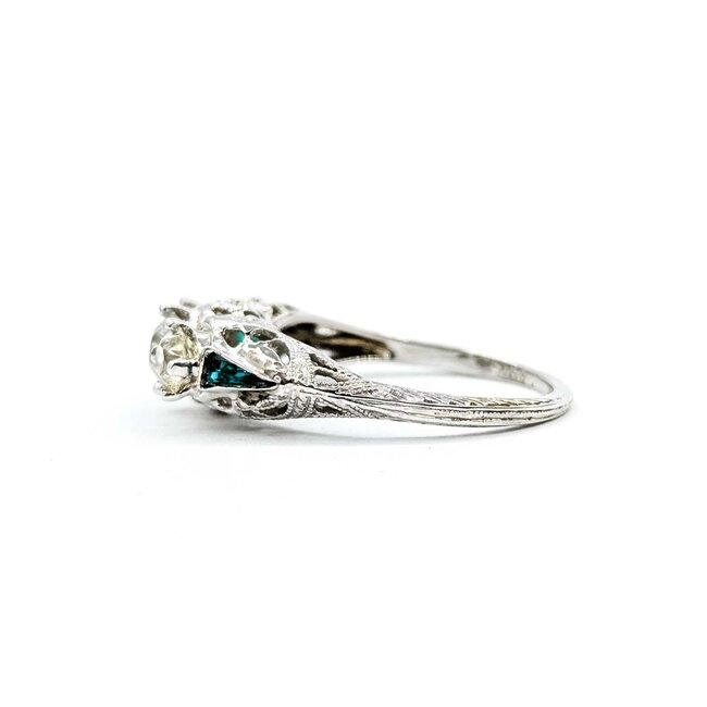 Ring Filigree Milgrain .75ctw Old European Diamonds .08ctw Triangular Emerald Accents 18kw 6.75mm Sz6.5 3.2g 125060087