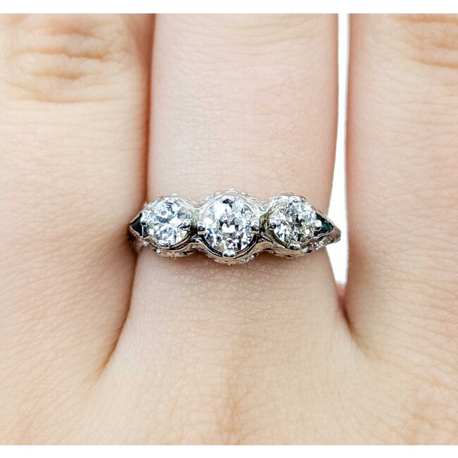 Ring Filigree Milgrain .75ctw Old European Diamonds .08ctw Triangular Emerald Accents 18kw 6.75mm Sz6.5 3.2g 125060087