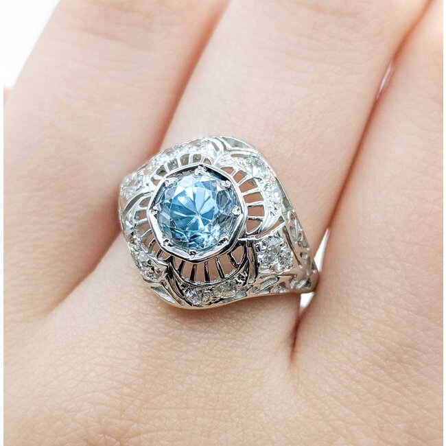 Ring Art Deco .50ctw Old Euro Diamonds 3.75ct Blue Zircon 18kw Sz7.75 3.5g 225070041