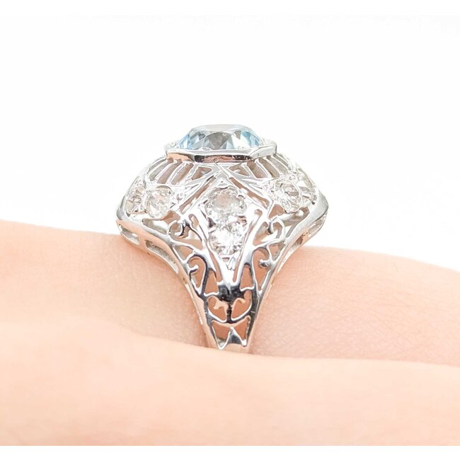 Ring Art Deco .50ctw Old Euro Diamonds 3.75ct Blue Zircon 18kw Sz7.75 3.5g 225070041