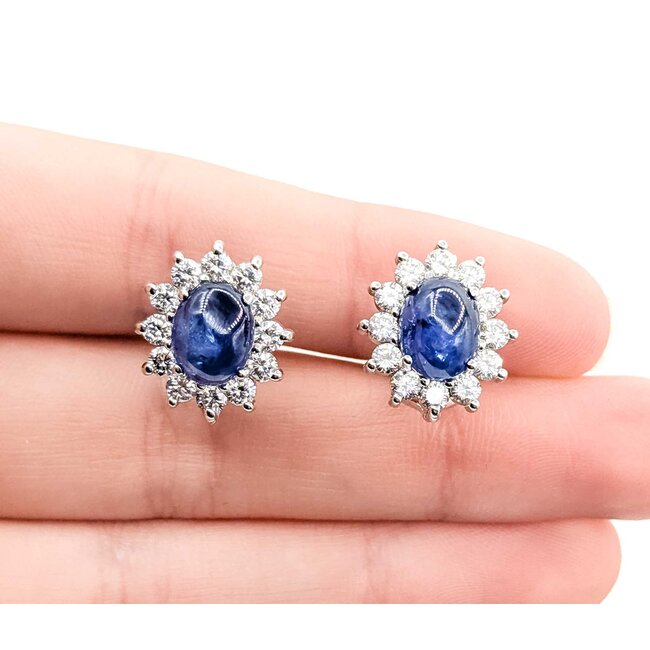 Earrings Halo Omega Back 1.68ctw Round Diamonds 6.96ctw Sapphire 14kw 16x14mm 7.1g 225070025