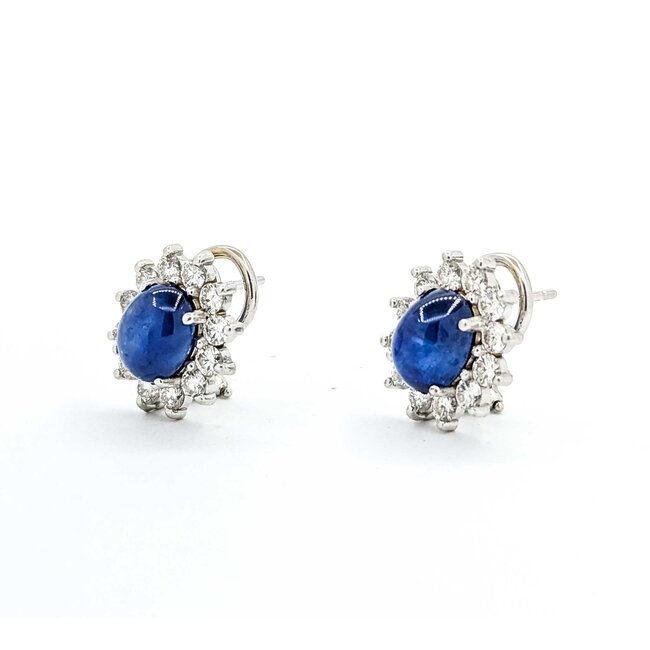 Earrings Halo Omega Back 1.68ctw Round Diamonds 6.96ctw Sapphire 14kw 16x14mm 7.1g 225070025