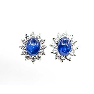 Earrings Halo Omega Back 1.68ctw Round Diamonds 6.96ctw Sapphire 14kw 16x14mm 7.1g 225070025