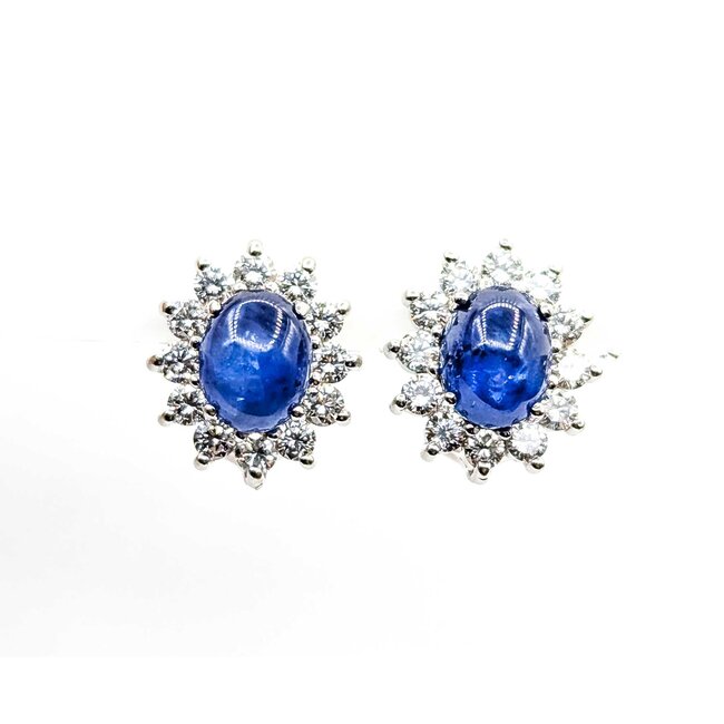 Earrings Halo Omega Back 1.68ctw Round Diamonds 6.96ctw Sapphire 14kw 16x14mm 7.1g 225070025