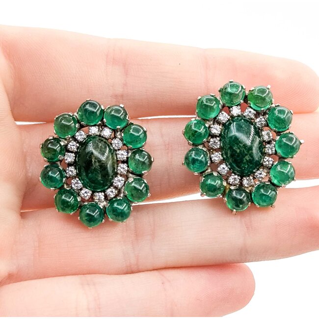 Earrings Mid Century Clip-on .80ctw Round Diamonds 15ctw Emerald 14kw 27x25mm 21.8g 225070018