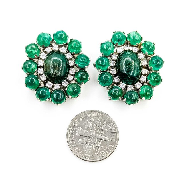 Earrings Mid Century Clip-on .80ctw Round Diamonds 15ctw Emerald 14kw 27x25mm 21.8g 225070018