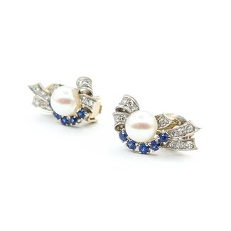 Earrings Mid Century Clip-on .40ctw Single Cut Diamonds .90ctw Sapphire 8mm South Sea Pearls 14kw 22.5x14mm 8.2g 225070017