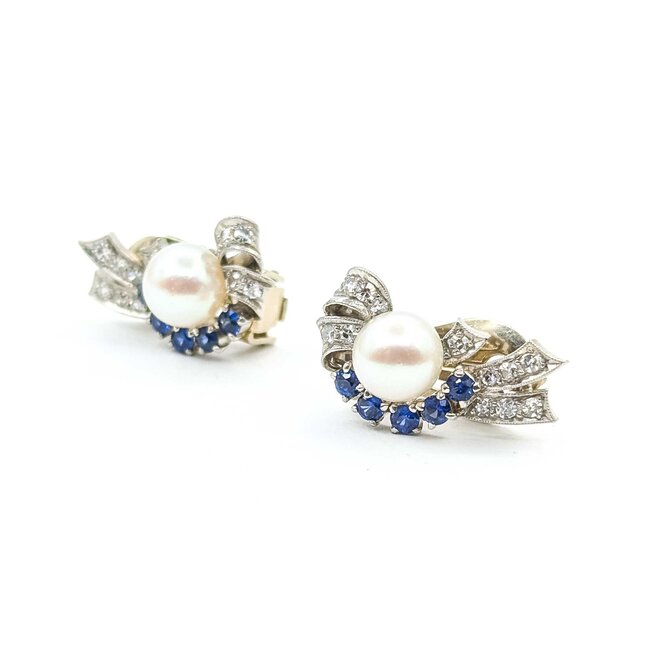 Earrings Mid Century Clip-on .40ctw Single Cut Diamonds .90ctw Sapphire 8mm South Sea Pearls 14kw 22.5x14mm 8.2g 225070017