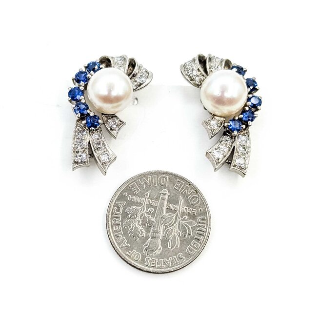 Earrings Mid Century Clip-on .40ctw Single Cut Diamonds .90ctw Sapphire 8mm South Sea Pearls 14kw 22.5x14mm 8.2g 225070017