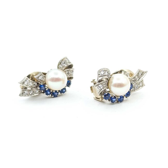 Earrings Mid Century Clip-on .40ctw Single Cut Diamonds .90ctw Sapphire 8mm South Sea Pearls 14kw 22.5x14mm 8.2g 225070017