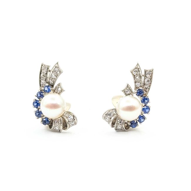 Earrings Mid Century Clip-on .40ctw Single Cut Diamonds .90ctw Sapphire 8mm South Sea Pearls 14kw 22.5x14mm 8.2g 225070017