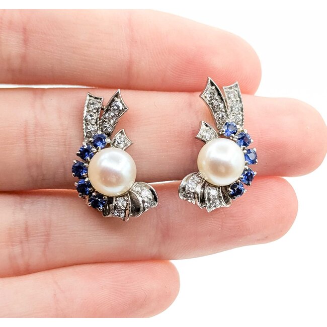 Earrings Mid Century Clip-on .40ctw Single Cut Diamonds .90ctw Sapphire 8mm South Sea Pearls 14kw 22.5x14mm 8.2g 225070017