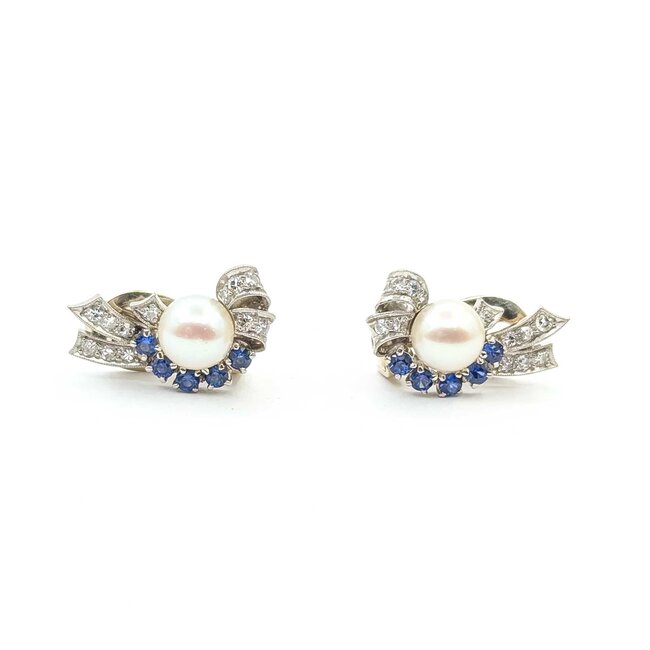 Earrings Mid Century Clip-on .40ctw Single Cut Diamonds .90ctw Sapphire 8mm South Sea Pearls 14kw 22.5x14mm 8.2g 225070017