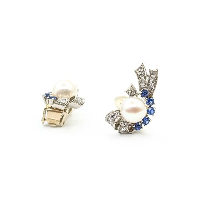 Earrings Mid Century Clip-on .40ctw Single Cut Diamonds .90ctw Sapphire 8mm South Sea Pearls 14kw 22.5x14mm 8.2g 225070017