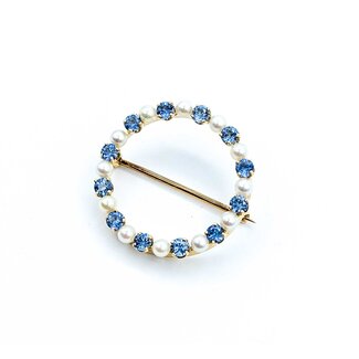 Brooch Mid Century 1.00ctw Syn Spinel 3mm Pearls 14ky 25.5mm 3.78g 225070069