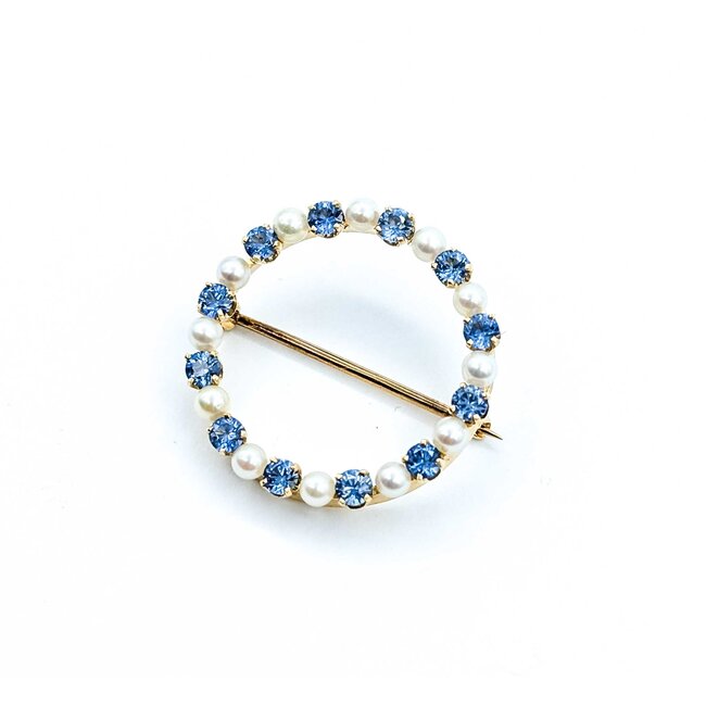 Brooch Mid Century 1.00ctw Syn Spinel 3mm Pearls 14ky 25.5mm 3.78g 225070069