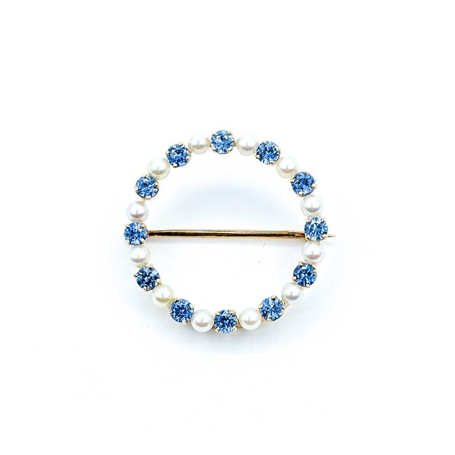 Brooch Mid Century 1.00ctw Syn Spinel 3mm Pearls 14ky 25.5mm 3.78g 225070069