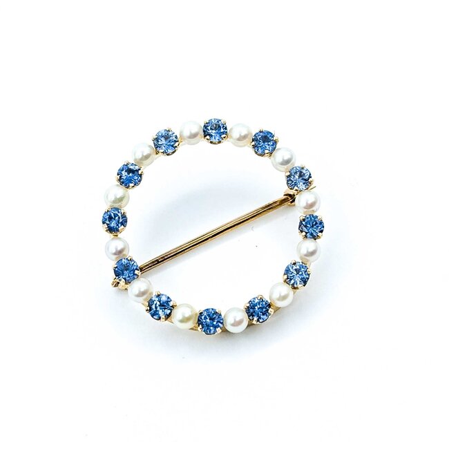 Brooch Mid Century 1.00ctw Syn Spinel 3mm Pearls 14ky 25.5mm 3.78g 225070069