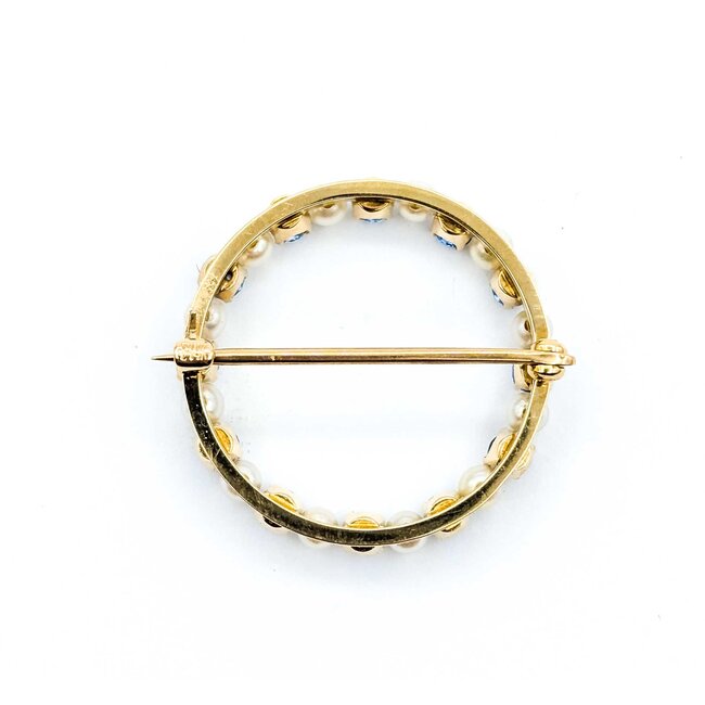 Brooch Mid Century 1.00ctw Syn Spinel 3mm Pearls 14ky 25.5mm 3.78g 225070069