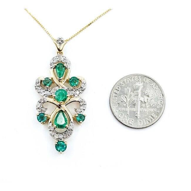 Pendant w/chain Fleur De Lis .50ctw Round Diamonds 1.35ctw Emerald 14ky 1.5x.6" 18" 5.26g 225070071
