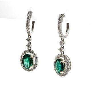 Earrings Dangle Halo .70ctw Round Diamonds 1.40ctw Emerald 18kw 28x8.5mm 3.3g 225070024