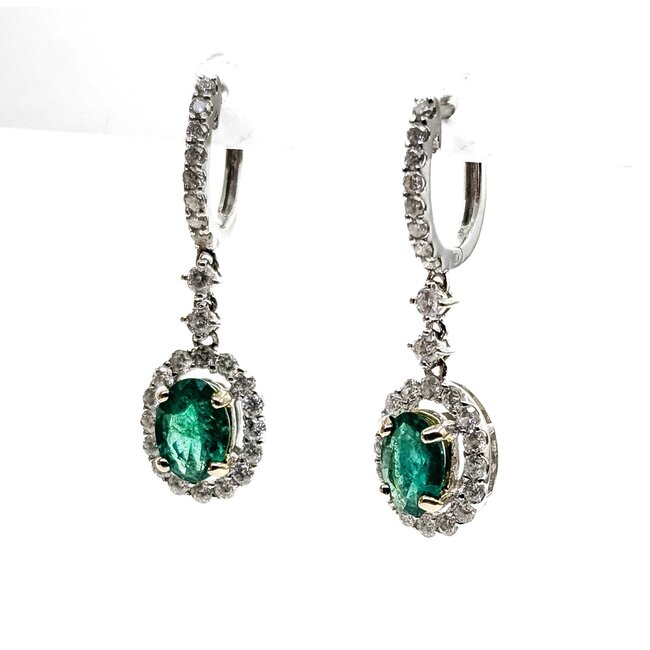 Earrings Dangle Halo .70ctw Round Diamonds 1.40ctw Emerald 18kw 28x8.5mm 3.3g 225070024