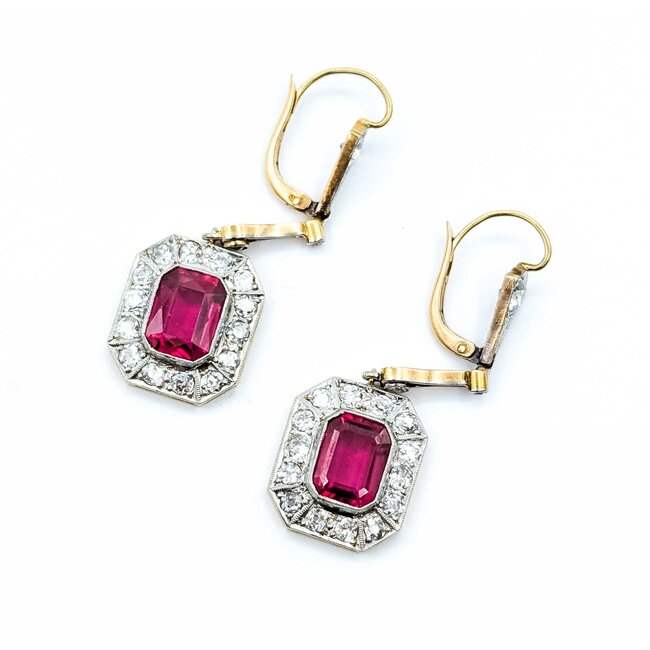 Earrings Art Deco 2.10ctw Old European/Mine Cut Diamonds Synthetic Ruby Platinum/18ky 50x15mm 9.4g 225070023