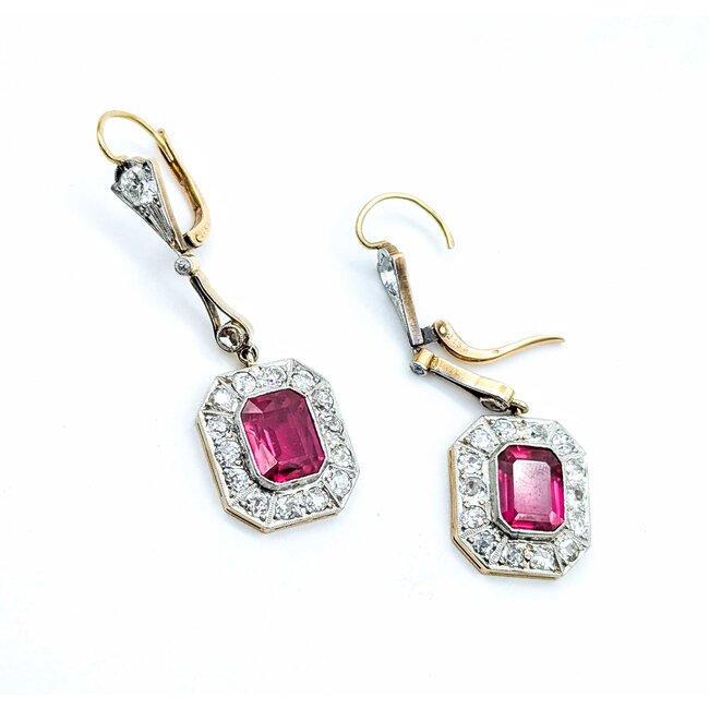 Earrings Art Deco 2.10ctw Old European/Mine Cut Diamonds Synthetic Ruby Platinum/18ky 50x15mm 9.4g 225070023