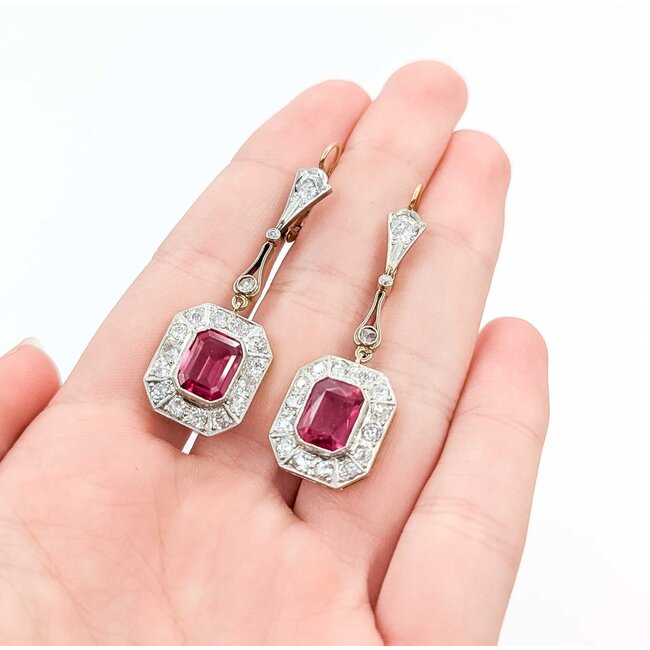 Earrings Art Deco 2.10ctw Old European/Mine Cut Diamonds Synthetic Ruby Platinum/18ky 50x15mm 9.4g 225070023